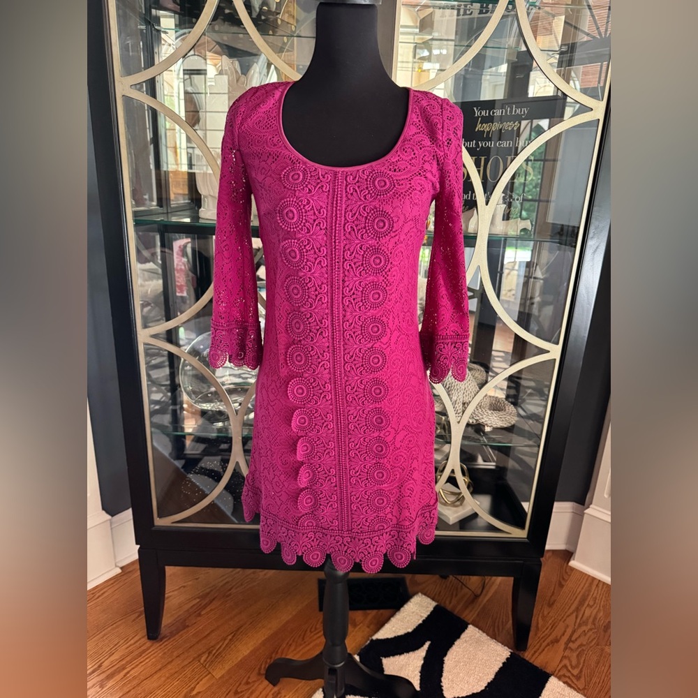 Laundry By Shelli Segal Raspberry/Pink Sheath Dress 3/4 Sleeve Scoop Neck